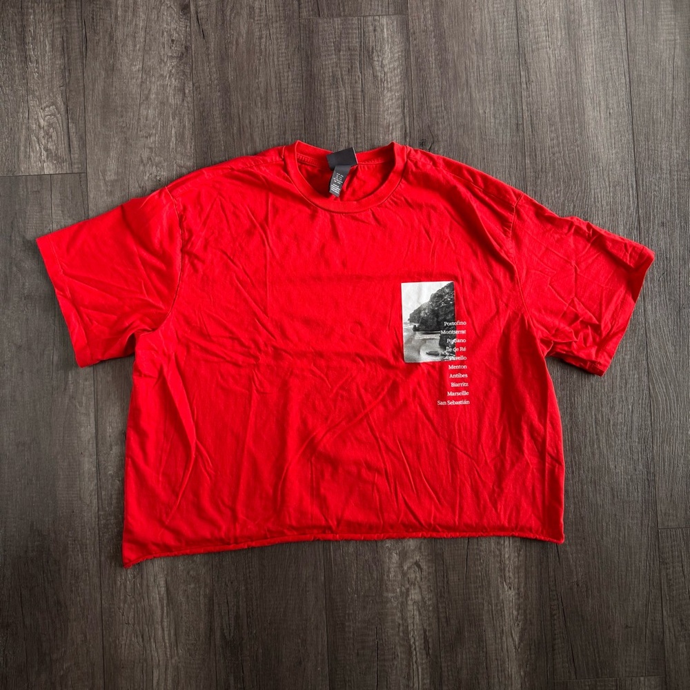 Oversized Red Graphic Tee – Minimal Scenic Print